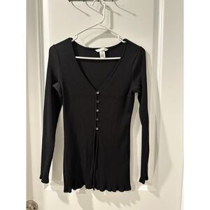 Elegant Black Ribbed Long Sleeve Button Detail Fitted Top Women's Career‎ Office